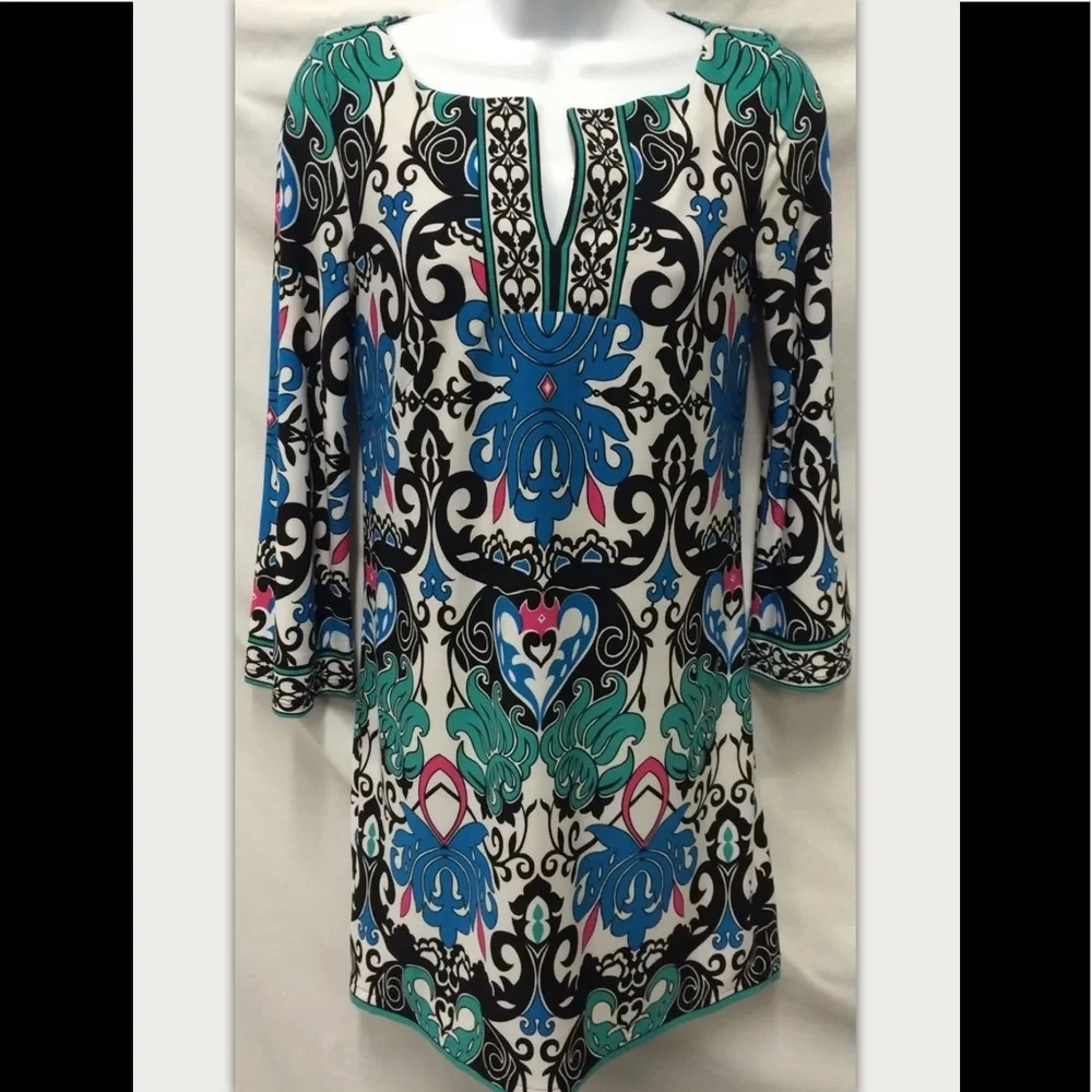 LAUNDRY SHELLI SEGAL Dress Knit Boho Scarf Peasant Shift Geometric Split V Neck